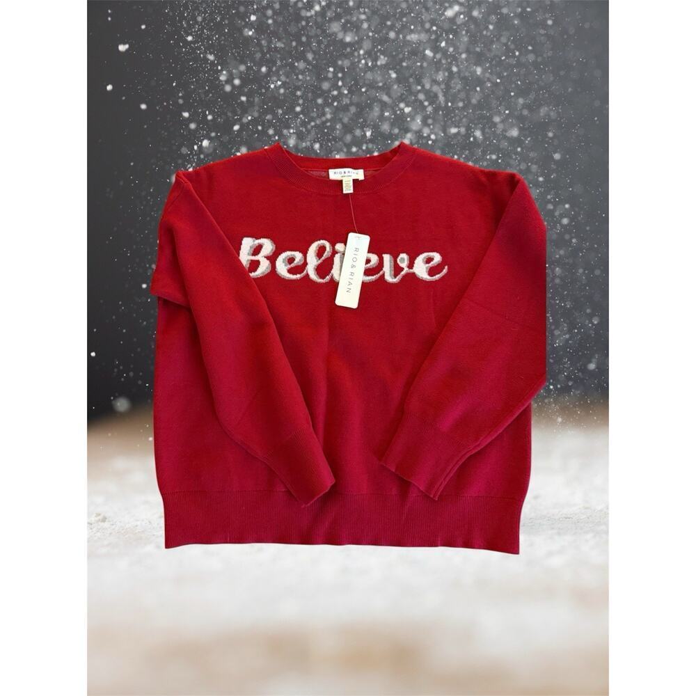 Believe Red Woman’s Christmas Sweater Rio & Rian NWT New Size Med Holiday B10